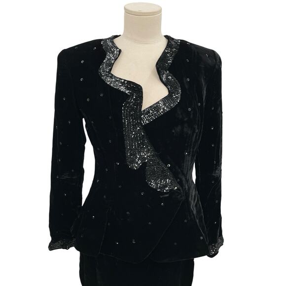 Vintage Magali Collection Black Velvet Sequin Skirt Suit Jacket Size 4 - Picture 2 of 15
